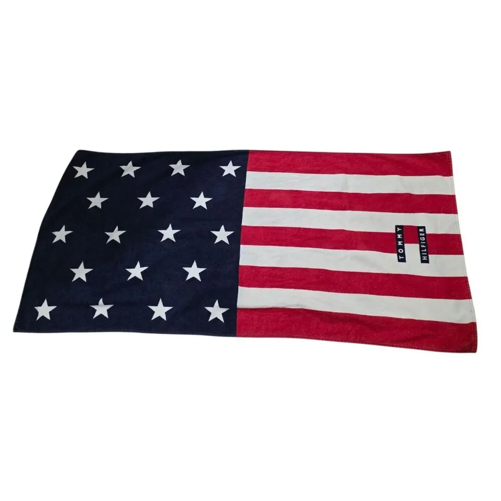Vintage Tommy Hilfiger American Flag Beach Towel 90s Stars Stripes Cotton